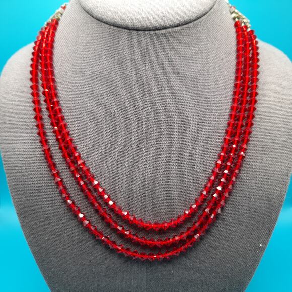 Vintage Red Crystal Beaded Necklace, Rhinestone End Bars, 1950s Vintage Jewelry - Picture 2 of 12